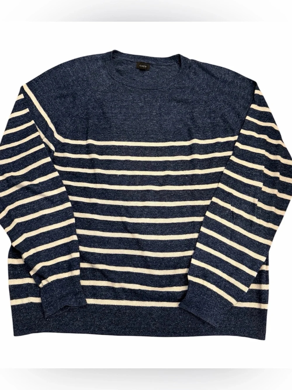 J. Crew Men's Navy and White Striped Linen/Cotton Crewneck Sweater XL